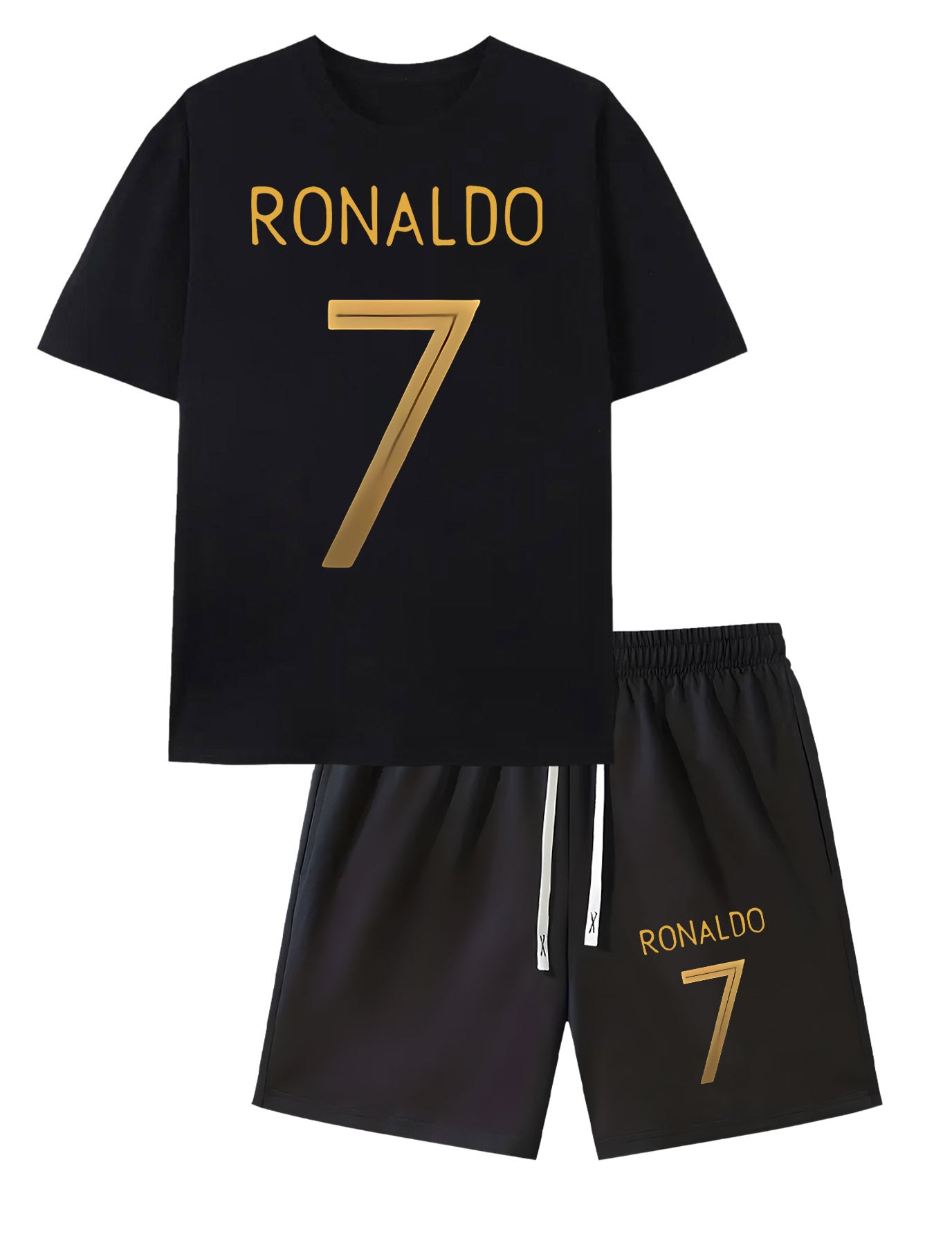 Ronaldo 7 Print Men'S Short Sleeve T-Shirt and Waistband Shorts 2pcs Casual Sports Regular Top & Bottom Set, Suitable for Spring/Summer