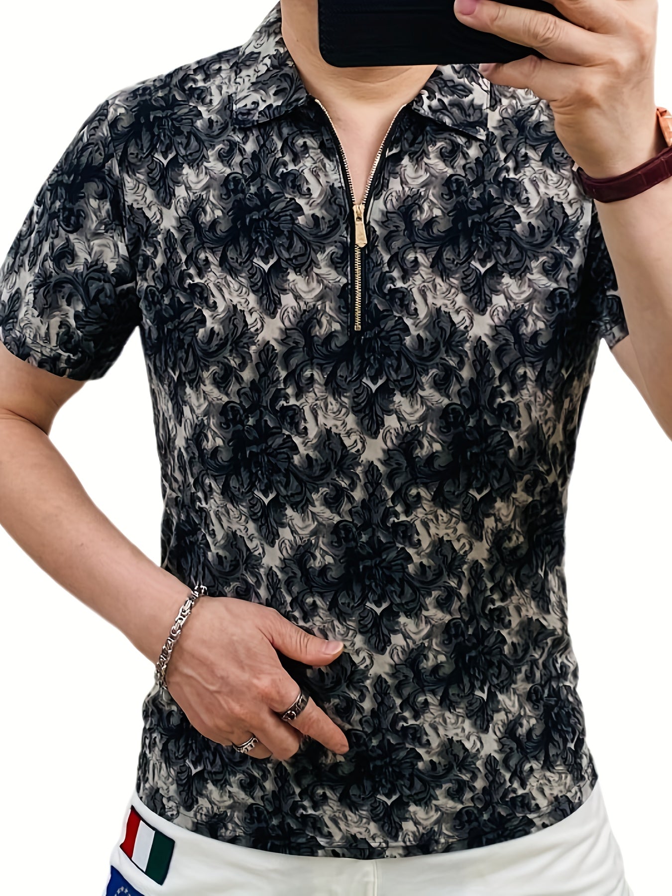 Men's Short Sleeve Shirt with Zipper Front - Black White Floral Print Summer Casual T-Shirt, Breathable Stand Collar, Regular Fit for Casual Attire, Easy Care Fabric