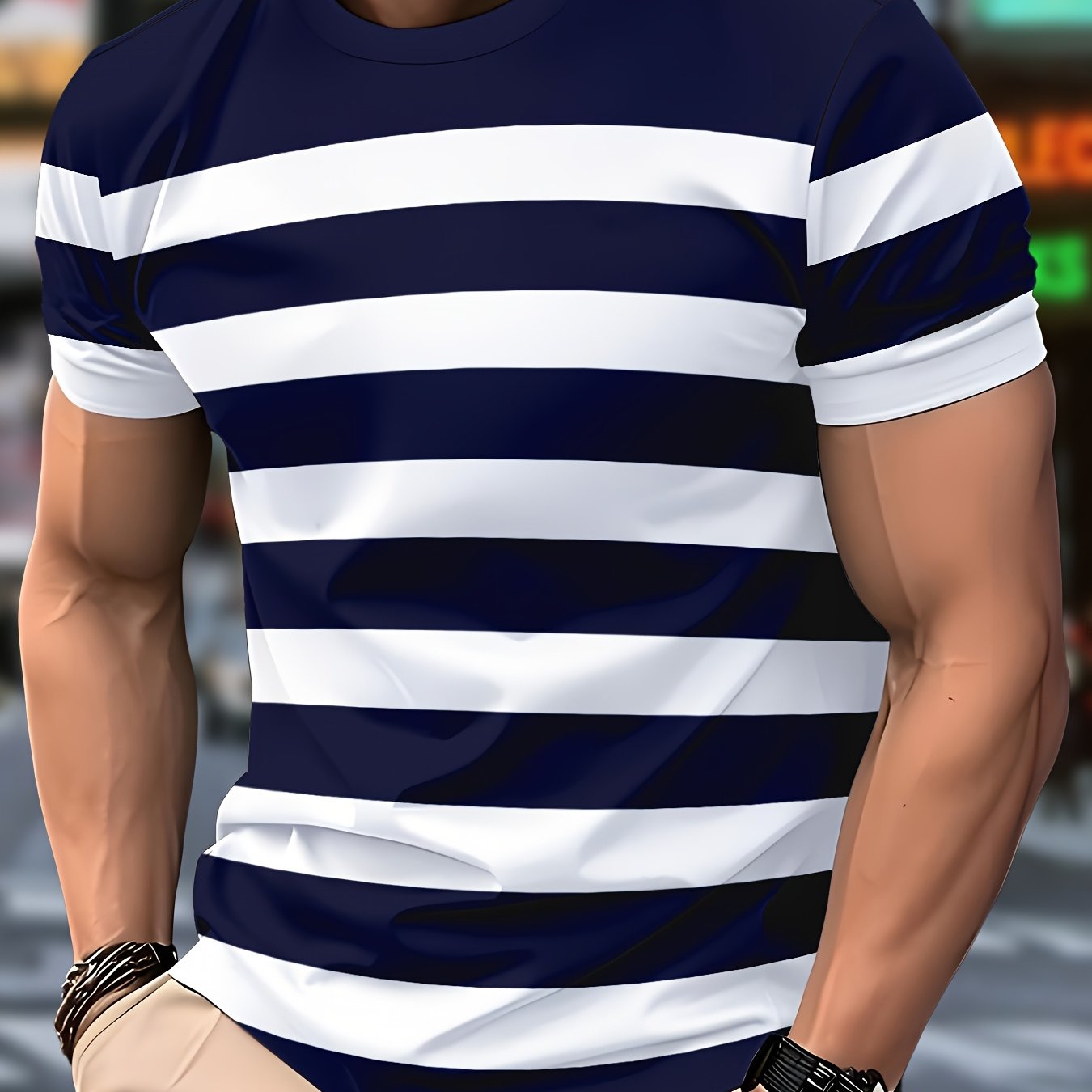 Men'S Casual Striped Short Sleeve T-Shirt - Navy Blue White Vertical Stripes, Crew Neck, Regular Fit, Lightweight Polyester Fabric, Perfect for Casual Attire, Everyday Tshirt Classic Striped Tee Lightweight Shirt