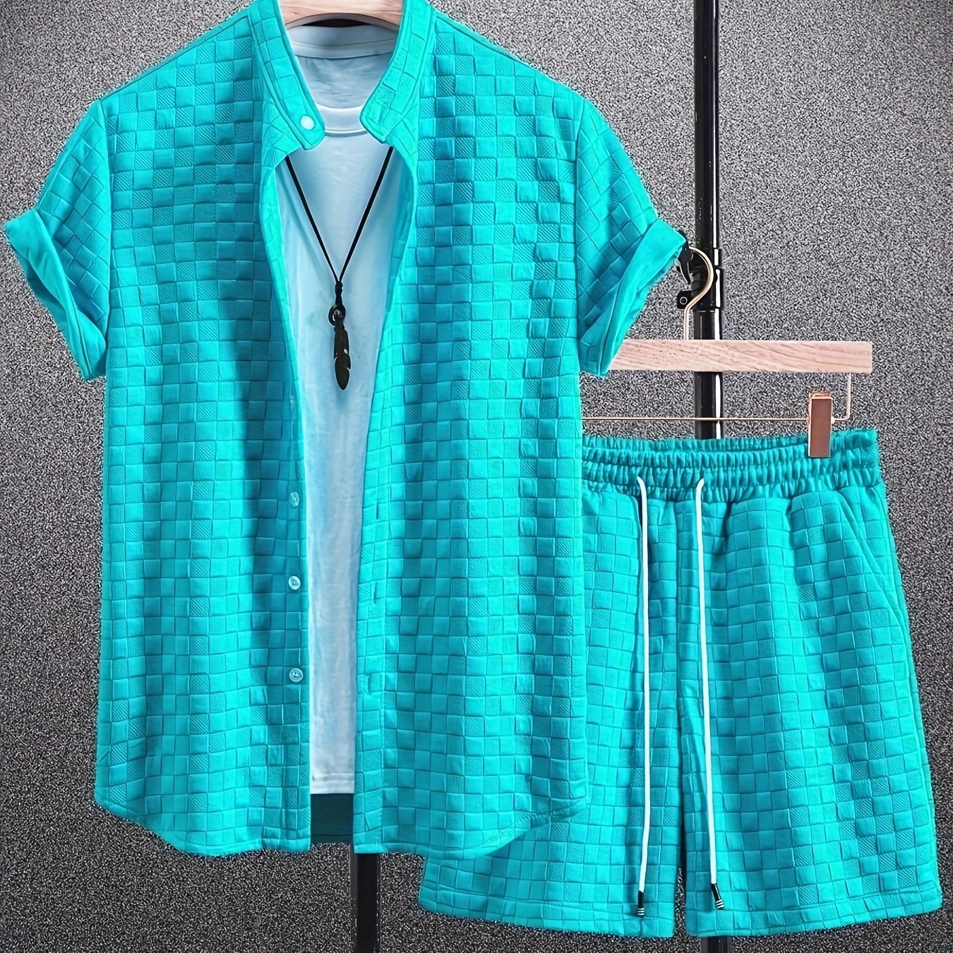 Men'S Casual Short Sleeve Button-Up Shirt & Shorts Set - Solid Black, Breathable Polyester Blend, Regular Fit for Summer, Everyday Comfort, Casual Summer Wear | Buttonup Shirt | Polyester Blend