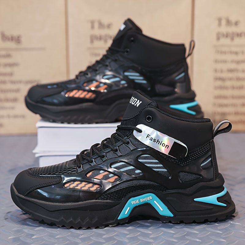 Fashion Mid-Top Sneakers for Men - Casual Street Style Athletic Shoes with Graphic Pattern, Lace-Up Closure, All-Season Round Toe Trainers with PU Upper, Fabric Lining Insole, Anti-Slip PVC Sole