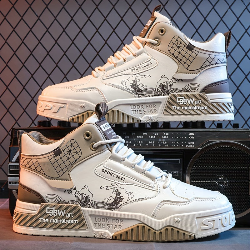 1pair Men'S Fashion Skateboarding Sneakers, High-Top Midsole with Lace-Up Closure, Faux Upper, Cartoon Wave Pattern, Comfortable Non-Slip PVC Sole, Breathable Fabric Lining, Casual Street Style Shoes for Outdoor Activities