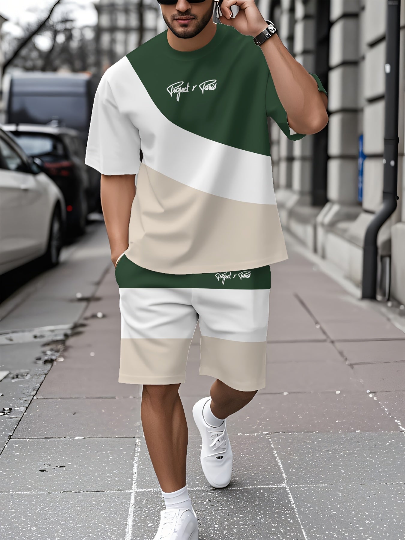 Summer New Round Neck Short Sleeve T-Shirt Set, 3-Color Patchwork Pattern, Front Chest Fashion Letter, Casual Style, Simple Matching Outfit Suitable for Date Night