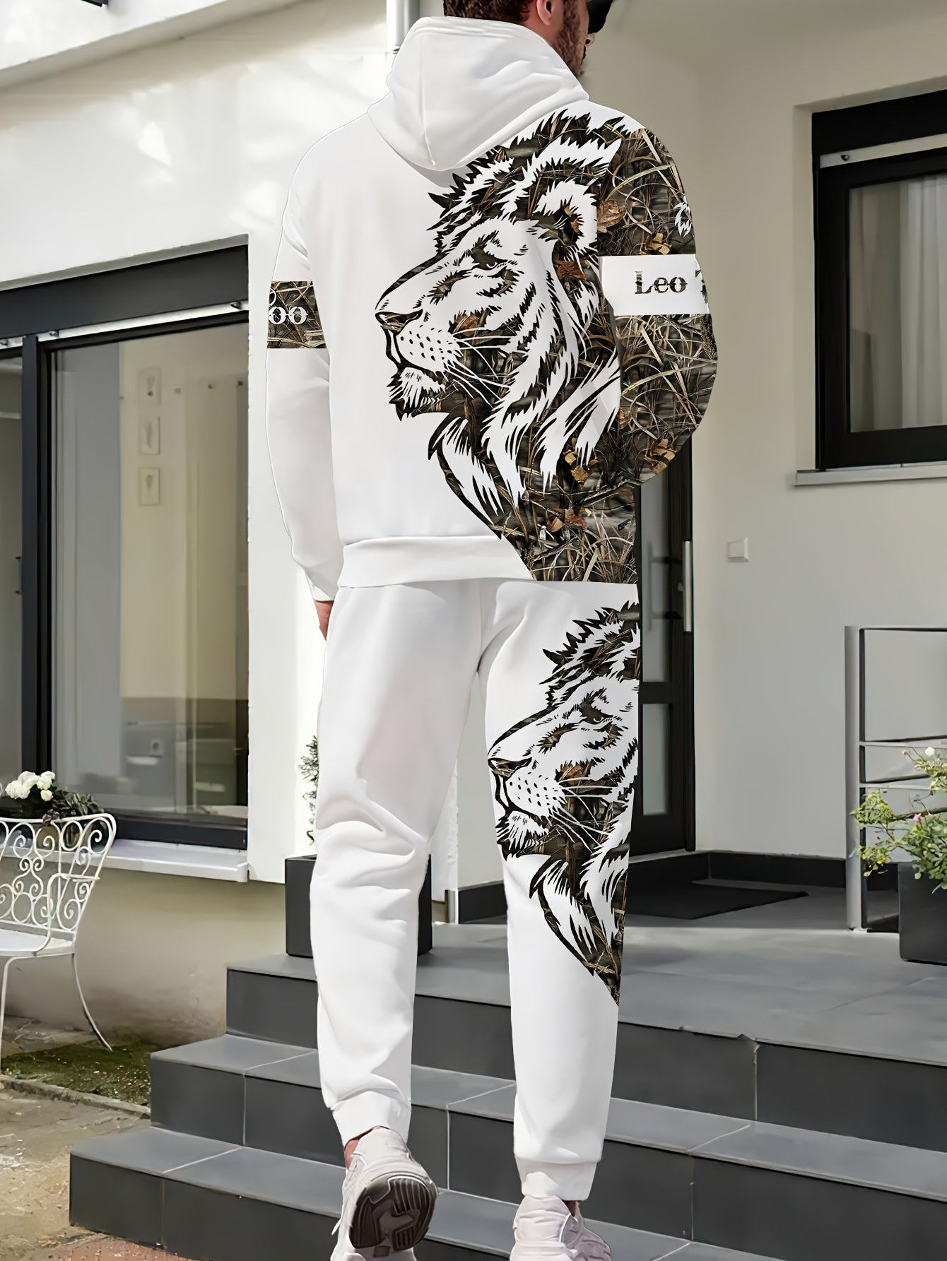 1set Fashion Street Style Men'S Lion Letter Print Hoodie and Sweatpants Set, Casual Weekend Wear, Polyester Knit Fabric with Slight Stretch, Animal Pattern, Regular Fit, for Spring/Fall