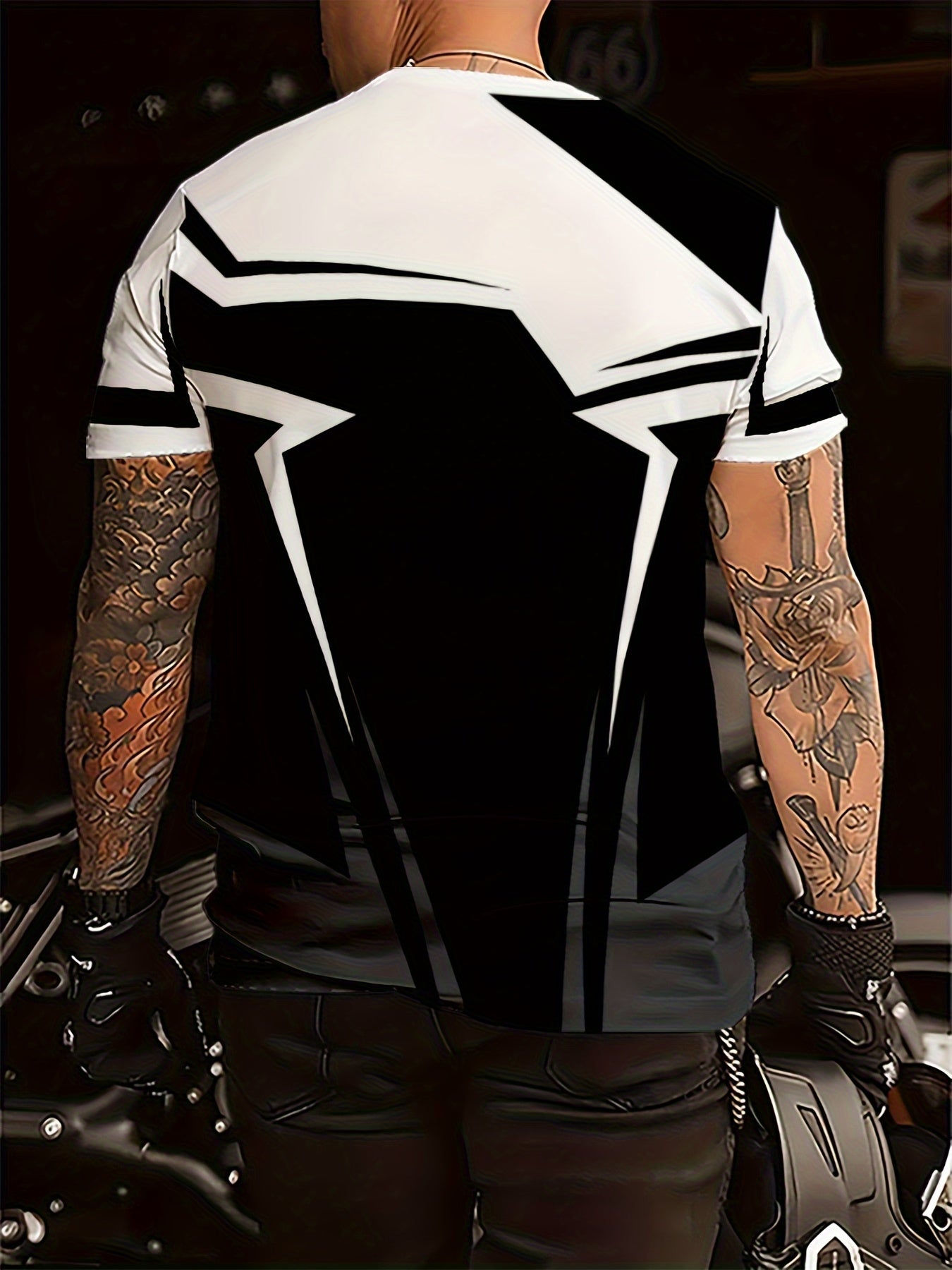 Men's Geometric Patchwork T-Shirt - Black White Contrast Design, Breathable 100% Polyester, Regular Fit Casual Summer Tee, Machine Washable