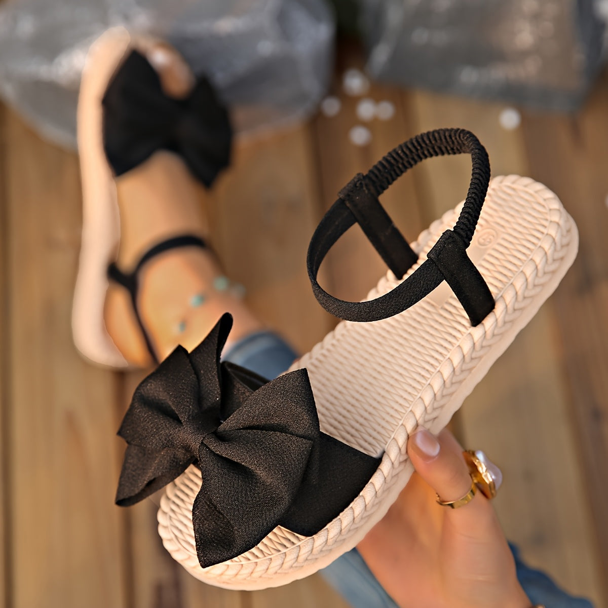 Elegant Women's Mary Jane Flat Sandals with Black Bow Detail - Lightweight Soft Microfiber Slip-On Open-Toe Beach Shoes, Comfortable EVA Sole for Casual Formal Wear, All-Season Versatile Design, Summer Footwear, Bowadorned