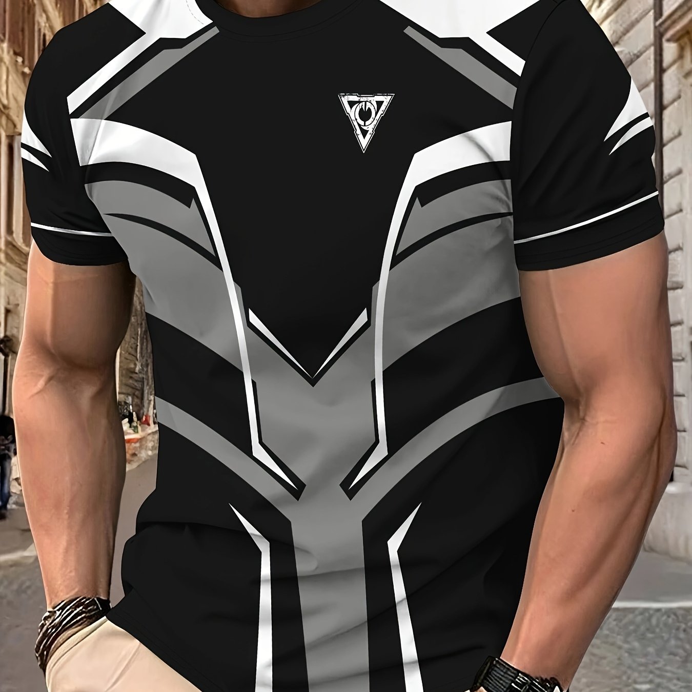 Men's Lightweight Summer T-Shirt - Black/White Print Tee with Modern Angular Lines - Breathable Fabric for Everyday Formal Outfits - Casual Crewneck Shirt for Hot Weather, Summer T Shirts, Stylish Streetwear, Nontransparent