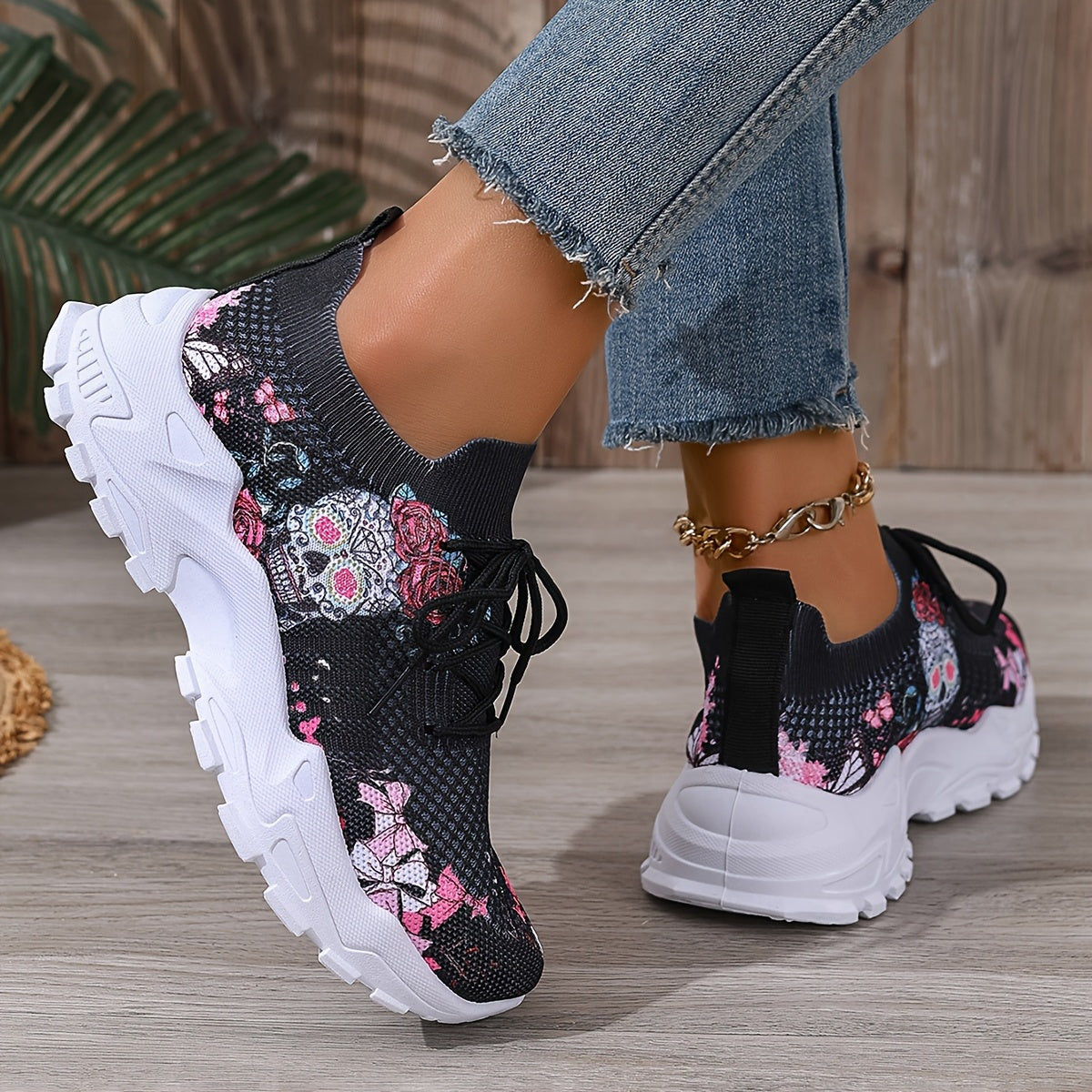 Women's Floral Skull Print Breathable Mesh Sneakers, Lightweight Low-Top Running Shoes with Soft PU Sole, Stylish Pink White Design for Casual Wear, Outdoor Travel Halloween Events, Allseason Footwear Japaneseinspired