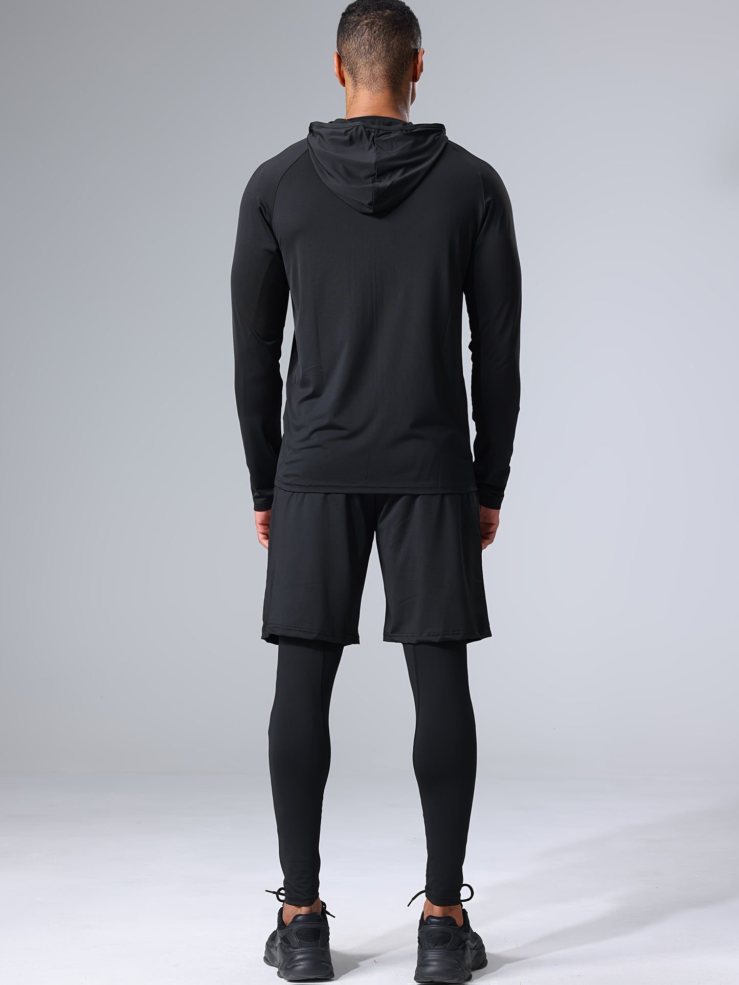4pcs Athletic Sportswear Set, Polyester 95% Elastane 5% Knit Fabric, All-Season Crew Neck Hoodie, Skinny Fit Solid Color, Breathable Quick-Dry for Running, Fitness, Cycling & Outdoor Activities