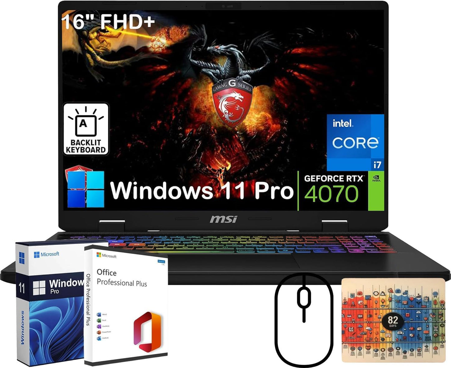MSI Crosshair Gaming Laptop - 16" FHD+ IPS Display, with Office Lifetime, Geforce RTX 4070, Intel 16-Core I7-14650Hx, 64GB DDR5 RAM, 2TB SSD, Backlit KB, Wi-Fi, Windows 11 Pro, W/Cefesfy Accessories