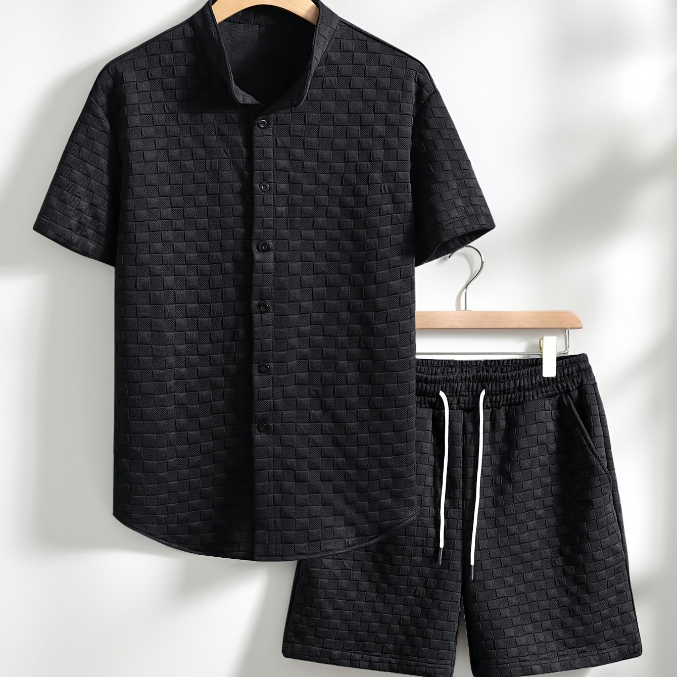 Men's Shirt and Shorts Set Solid Color Knit Casual Comfort High-Quality Short Two-Piece