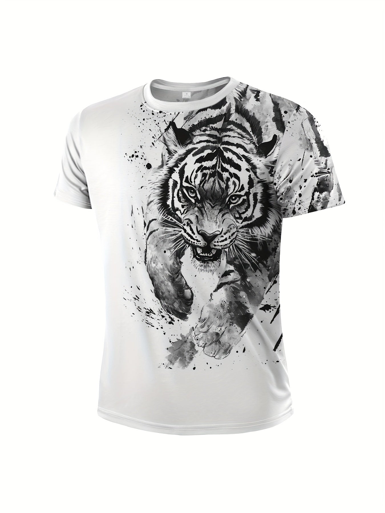 Men'S 3D Tiger Print T-Shirt - Casual Streetwear Short Sleeve, White with Black Gray Tiger Design, Comfortable Summer Polyester Tee for Casual Attire, Urban Style Apparel Tiger Graphic Tee Quality Embroider