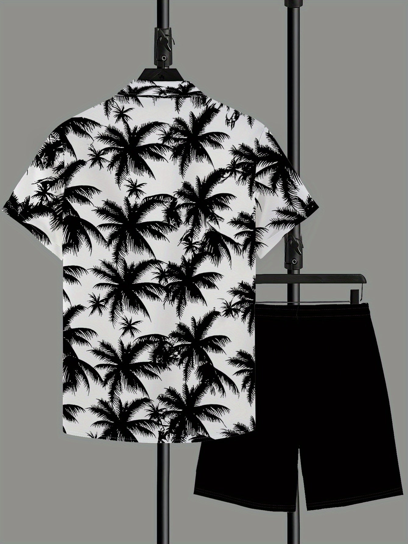 Men's Casual Summer Shirt Set, Black Palm Tree Pattern 3D Print, Loose Collar Short Sleeve Shirt and Drawstring Shorts 2pcs Set