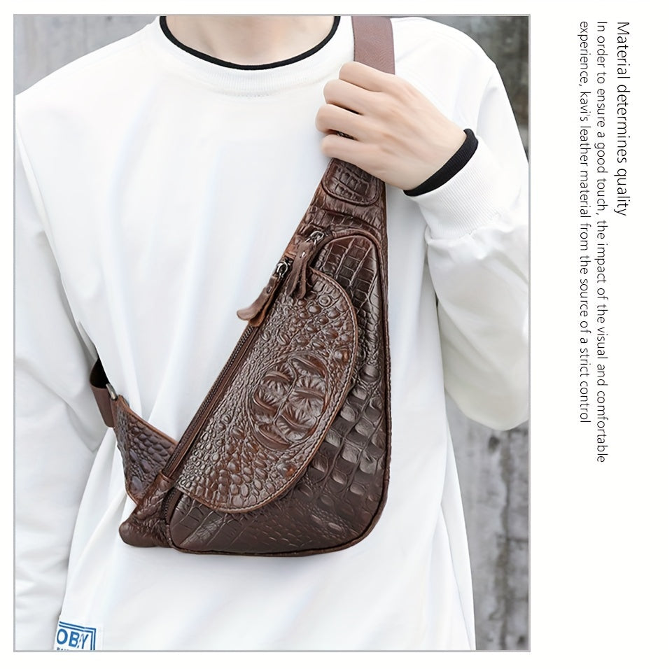 HUMERPAUL Men'S Casual Brown Leather Crossbody Bag with Alligator Print - Adjustable Strap, Multi-Compartment, Everyday Commute Shoulder Bag, Everyday Bag Casual Style Bag Adjustable Strap Bag