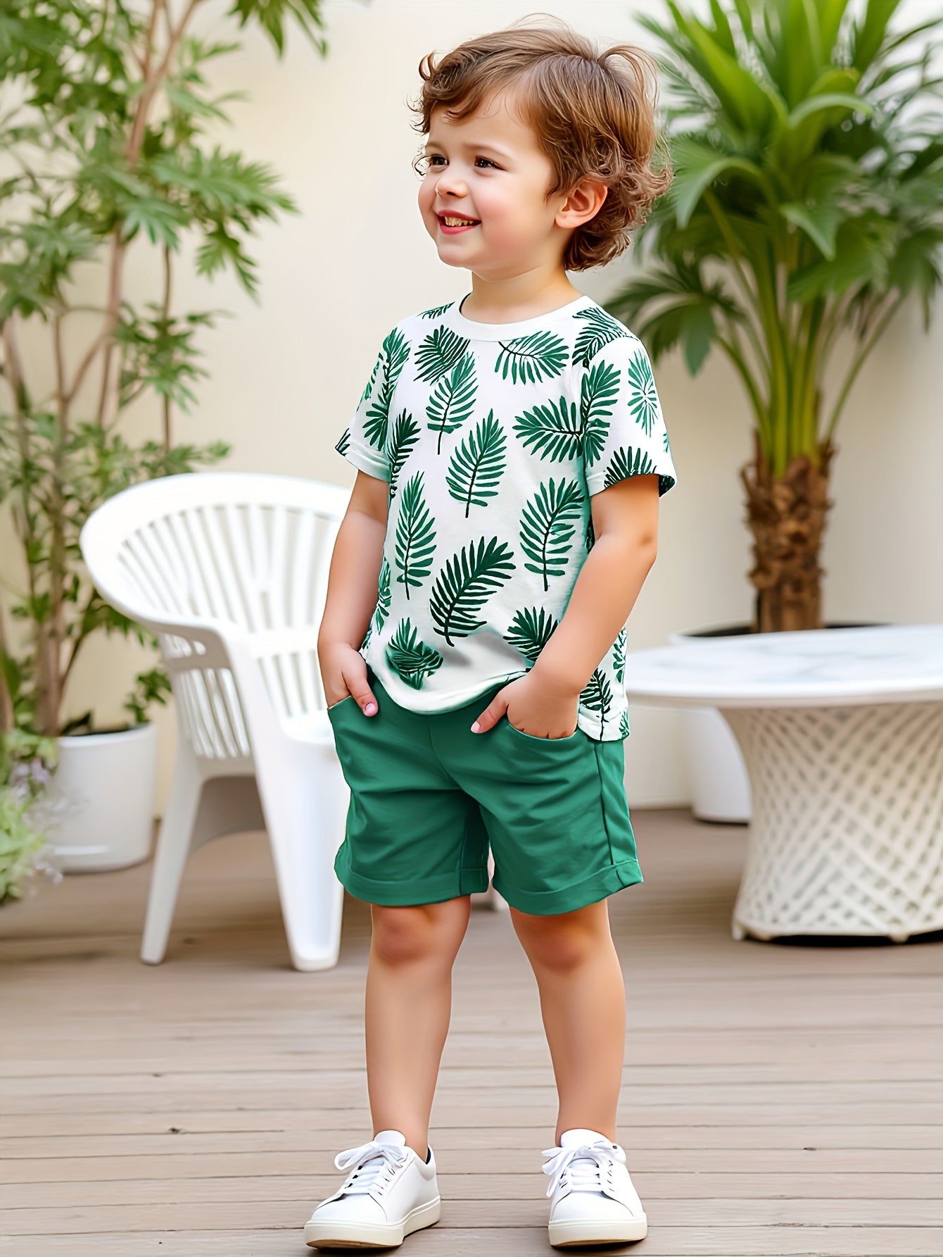 Boys' Summer Short-Sleeve Leaf Print T-Shirt & Shorts Set