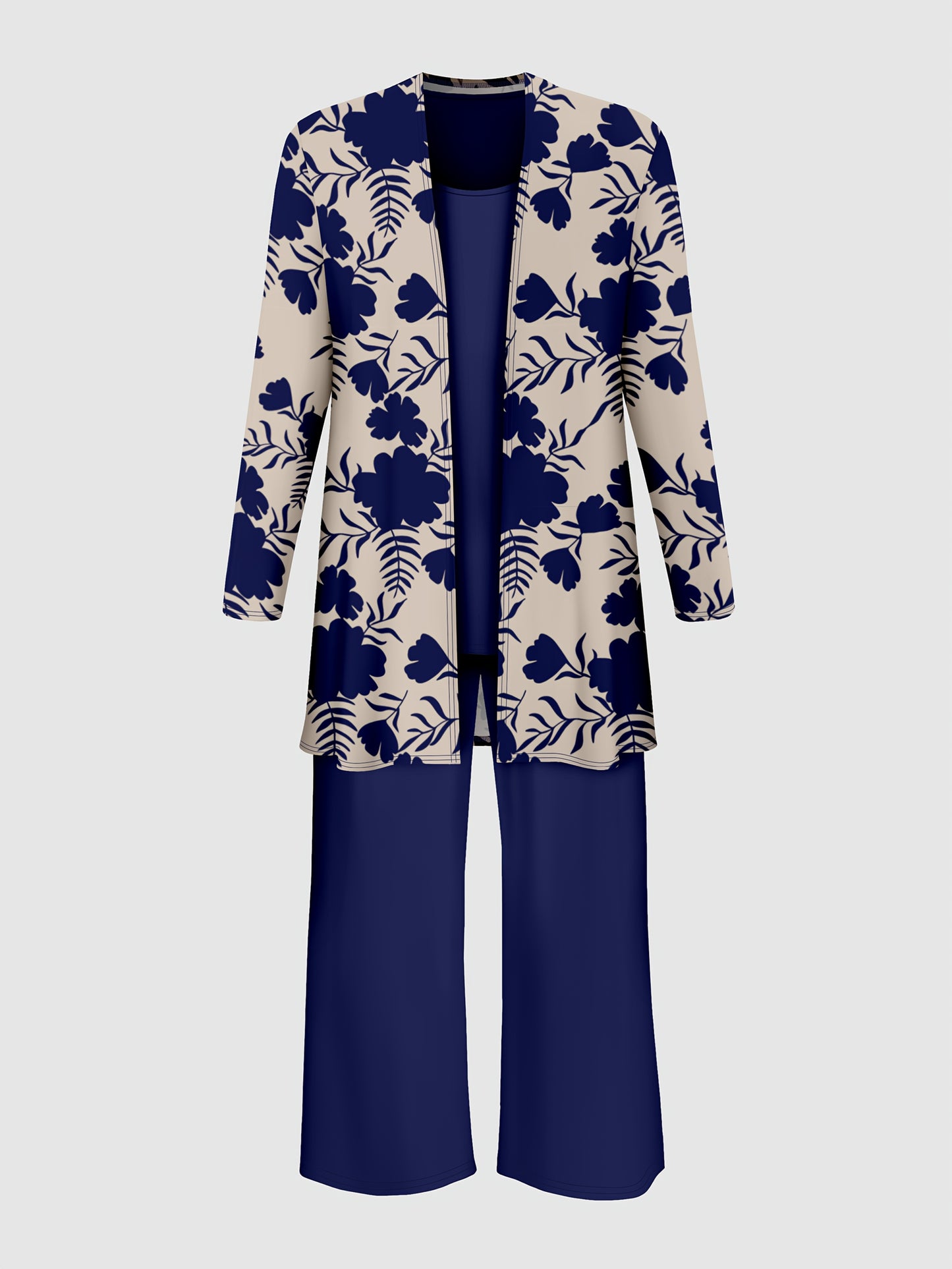 Plus Size, A three-piece set of Women's plus-size elegant floral print top and solid-color vest pants