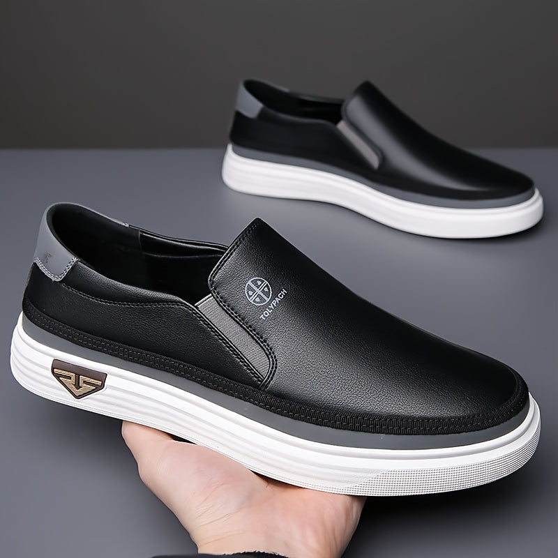 Men's Stylish Slip-On Loafers - Soft Upper, Non-Slip Rubber Sole, White with Brown & Golden Accents, Comfortable for Everyday Casual Wear, Vacation Shoes | Decorative Stitching | Synthetic Shoes, Dressy Shoes