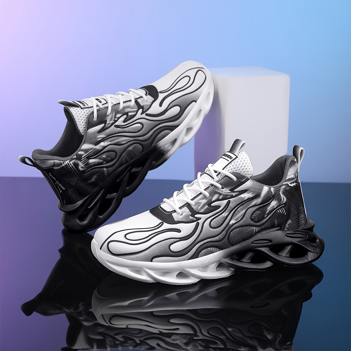 Trendy Black White Gradient Sneakers - Breathable Mesh, Thick Sole for Height Boost, Fashion Athletic Casual Running Shoes with Flame Design, Perfect for Students Casual Attire, High Top Sneakers