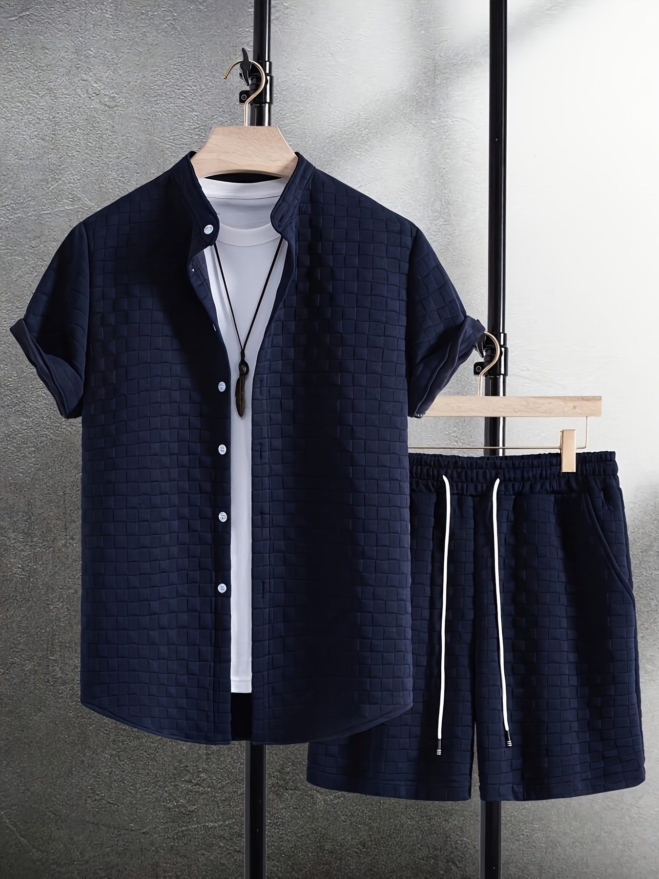 Men'S Casual Short Sleeve Button-Up Shirt & Shorts Set - Solid Black, Breathable Polyester Blend, Regular Fit for Summer, Everyday Comfort, Casual Summer Wear | Buttonup Shirt | Polyester Blend