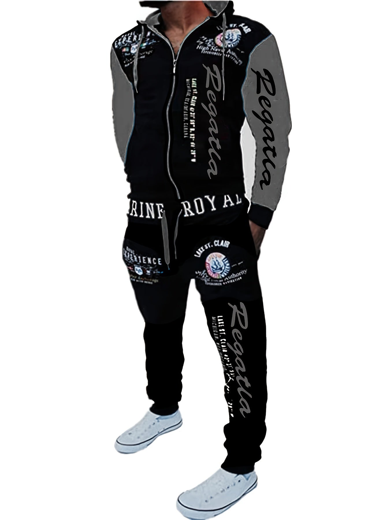 Men's Hooded Letter Print Tracksuit, 2pcs Casual Sports Set, Fashion Hoodie With Full-zip And Elastic-waist Pants, Regular Fit, Outdoor Cloth