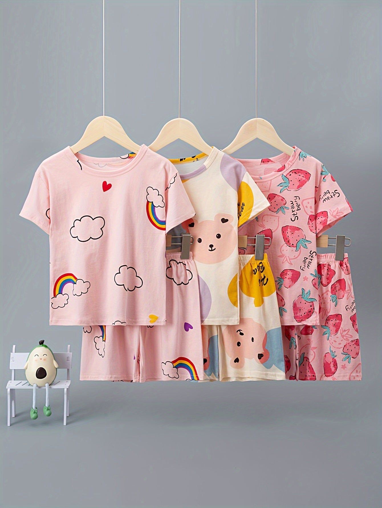 Girls' 3-Piece Cotton Shorts & Cartoon Print Set for Summer