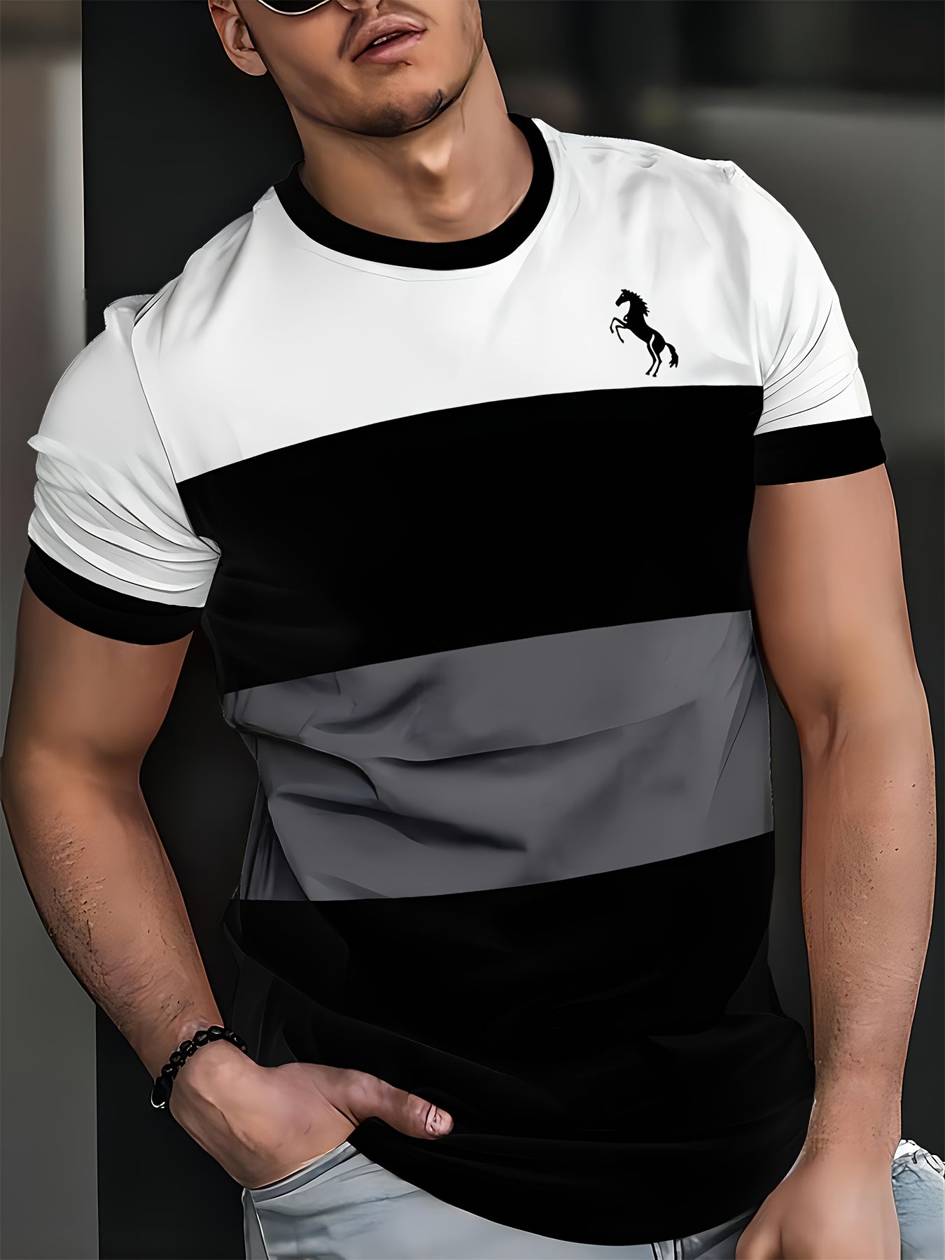 Men'S Stylish Casual T-Shirt - 100% Polyester, Crew Neck Short Sleeve, Machine Washable, Comfortable All-Season Wear Smooth Texture Fabric