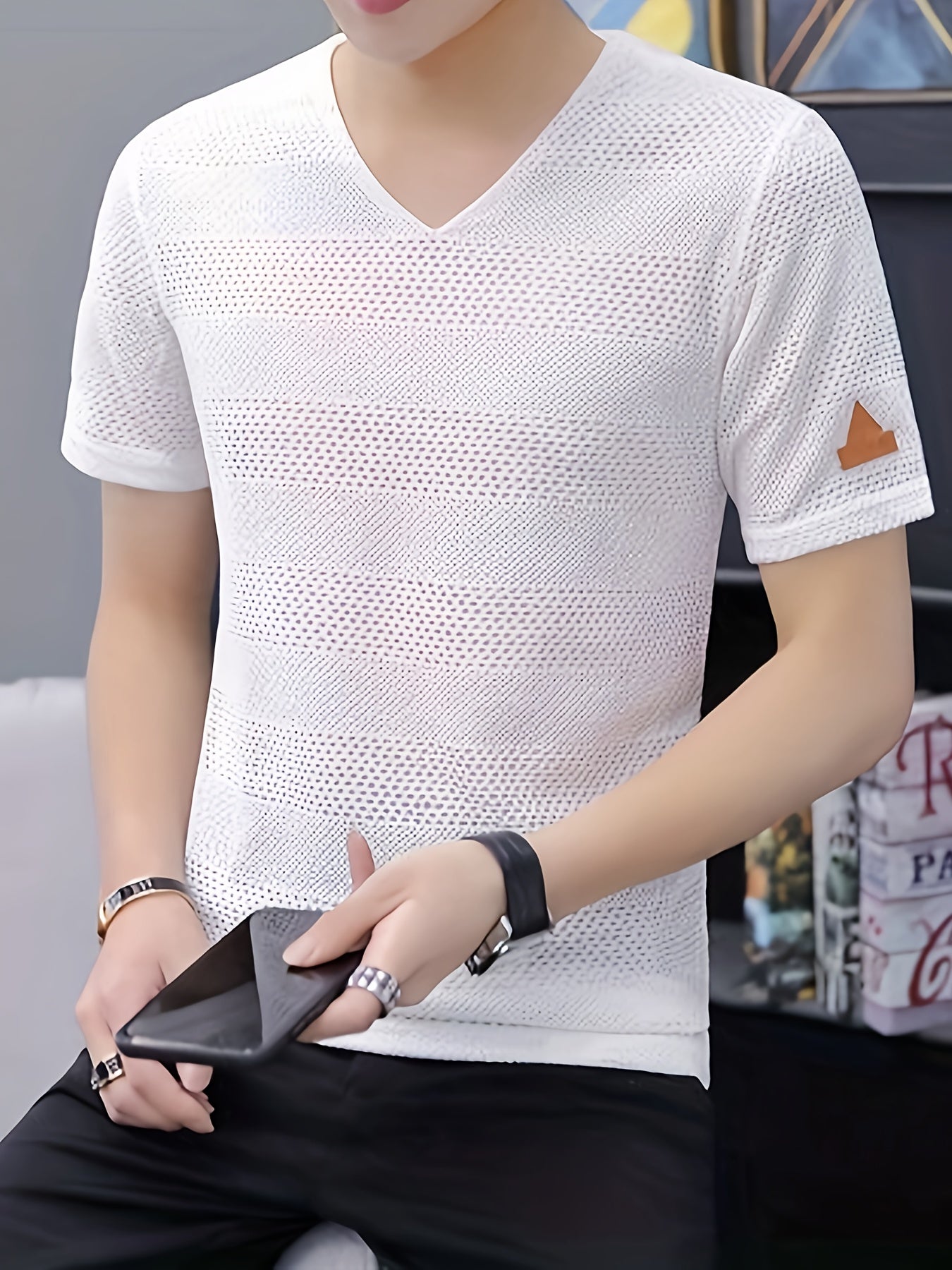 Men's Short-Sleeve T-Shirt Summer Hollow-Out Cool High-End Half Sleeve Breathable Non-See-Through