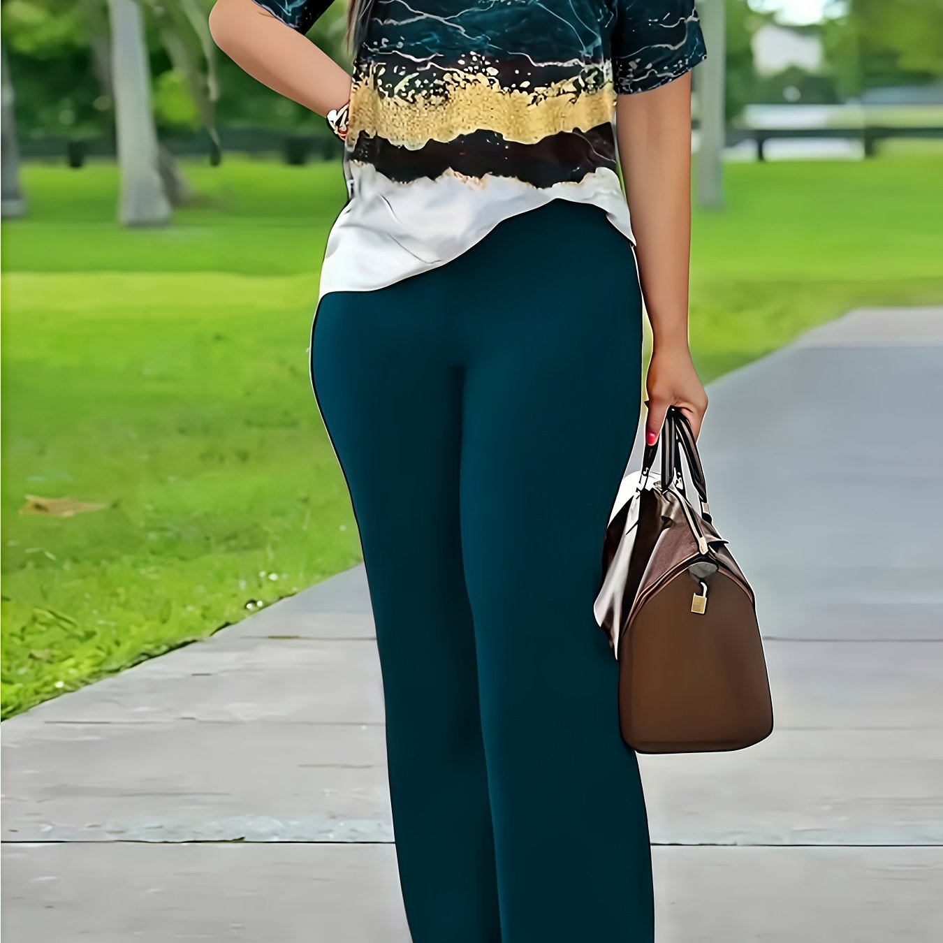 Xi Jun Bamboo Premium Casual Elegant V-Neck Printed Short Sleeve T-Shirt and Pants Two-Piece Set