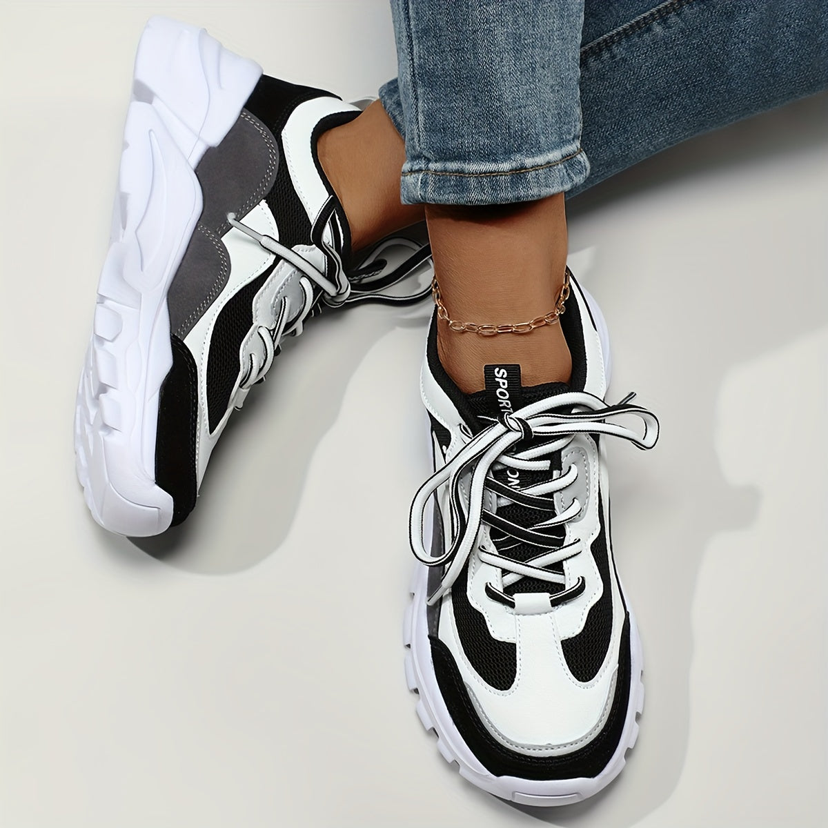 Women's Breathable Low-Top Sneakers - White Black Casual Shoes with Fabric/Polyurethane Upper, EVA Cushioned Sole for All-Day Comfort, Lace-Up Design for Gym, Walking Casual Attire