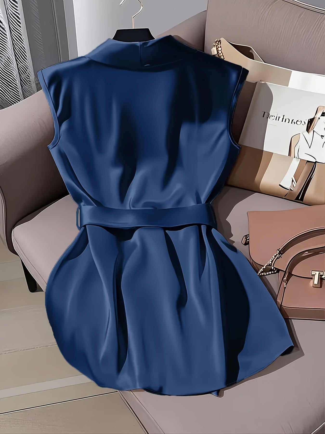 Elegant Navy Blue Satin Sleeveless Blouse & Wide-Leg Pants Set - Chic Belted Waist, High-Waisted Design, Smooth Texture, Perfect for Casual or Formal Occasions, Formal Attire | Belted Waist Blouse | Glossy Finish