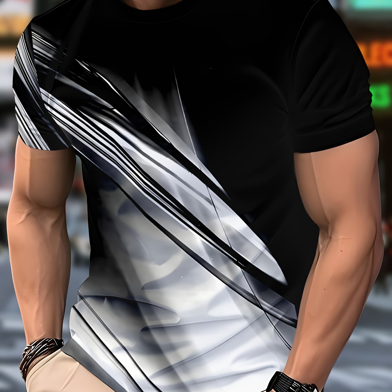 Men'S Casual Crew Neck T-Shirt with Abstract Black White Design - Soft Fabric, Regular Fit, Casual Attire Modern Casualwear Stretchable Fabric