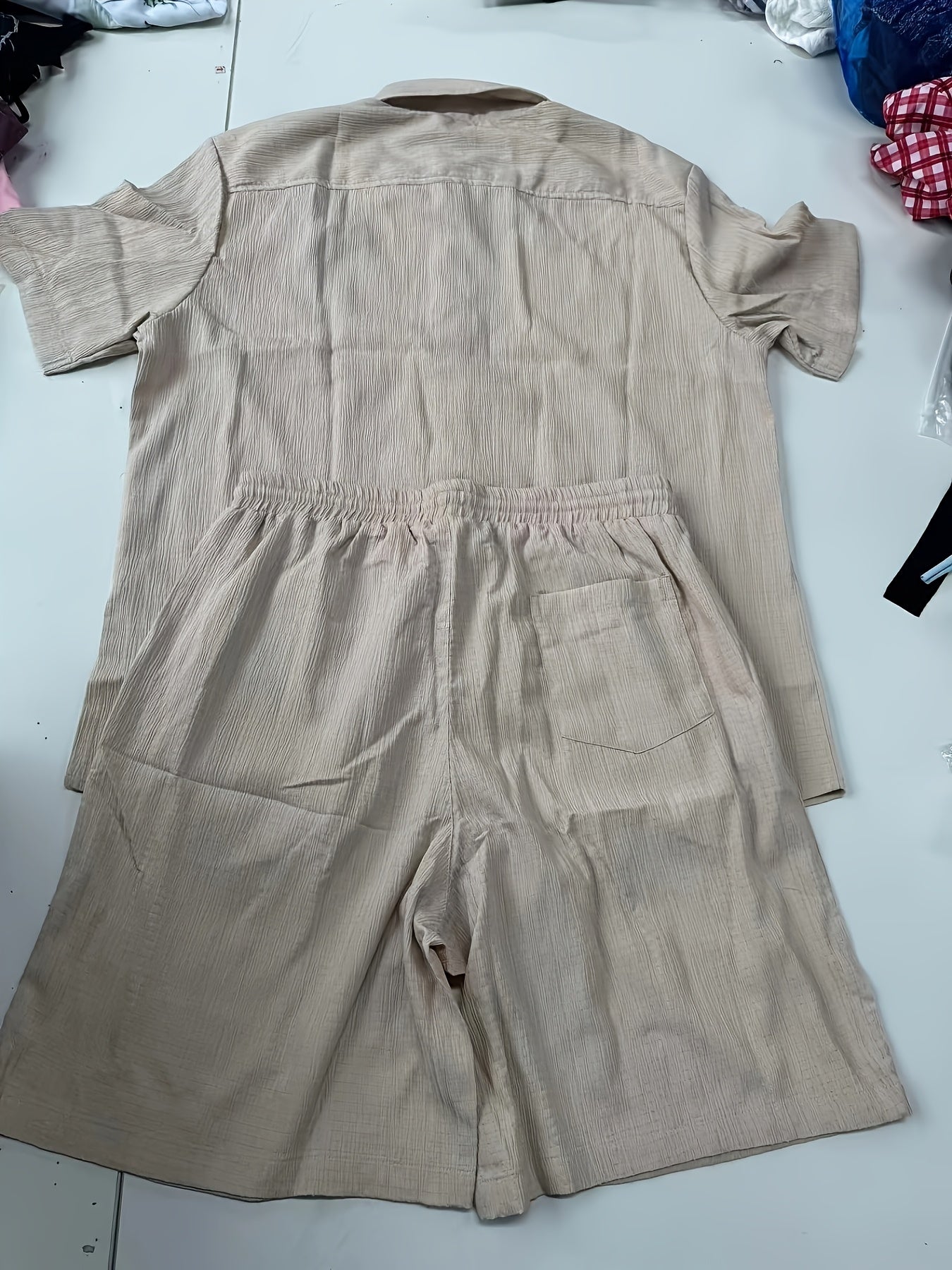 1085 Men's Solid Color Short Sleeve Button- Shirt and Shorts Casual Two-Piece Set