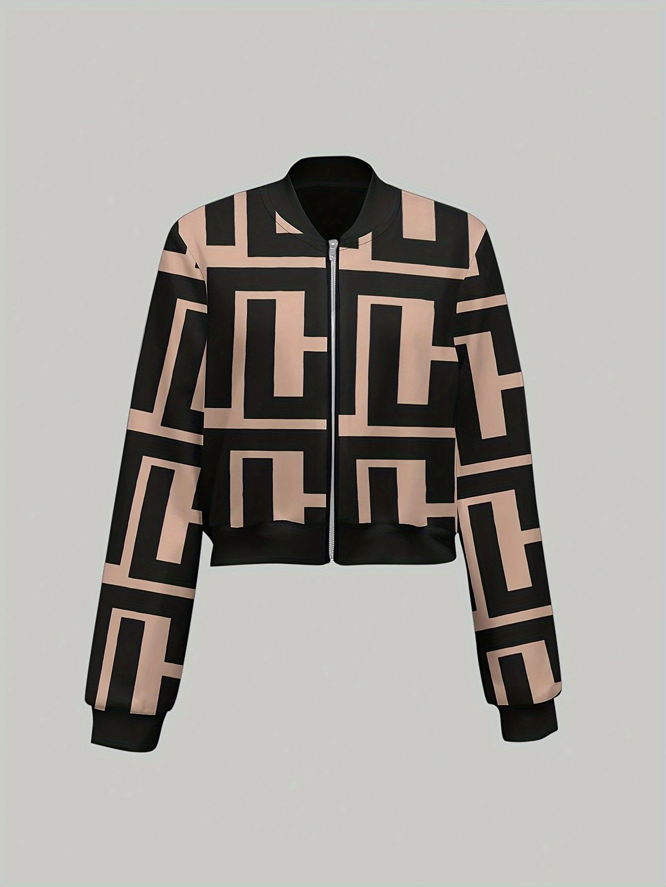 Women's Lightweight Geometric Print Zip-Up Bomber Jacket - Casual Long Sleeve, Machine Washable