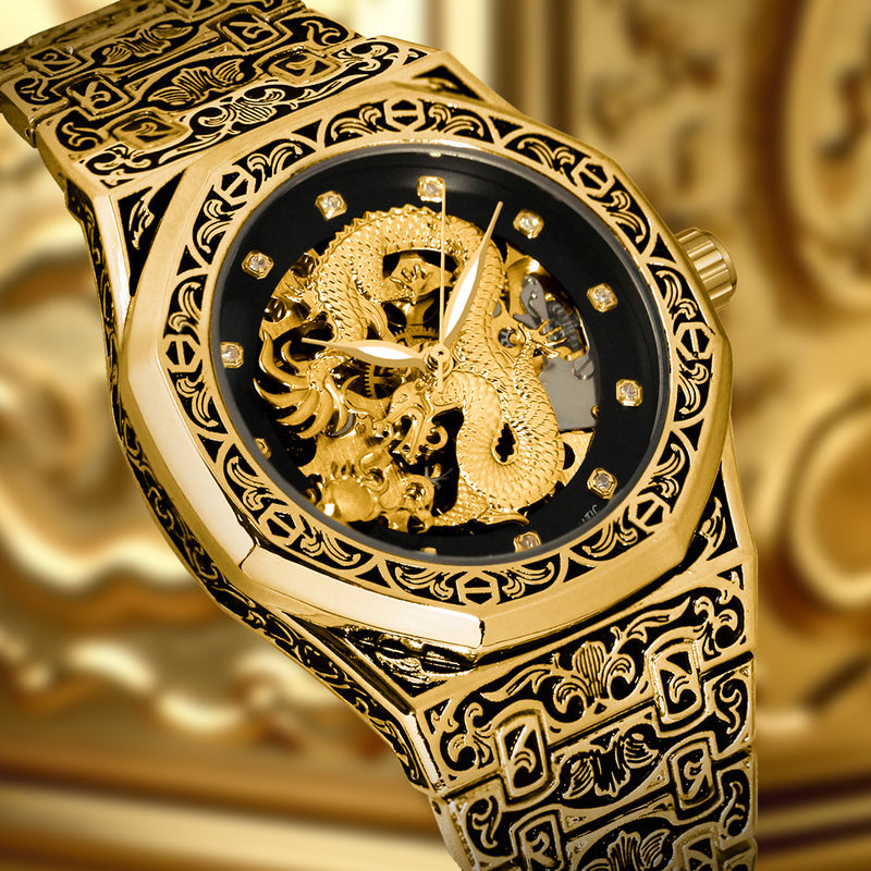 1pc Youth Men's Yellow Steel Strap Business Style Elegant Glow-in-the-Dark Carved Dragon Mechanical Watch