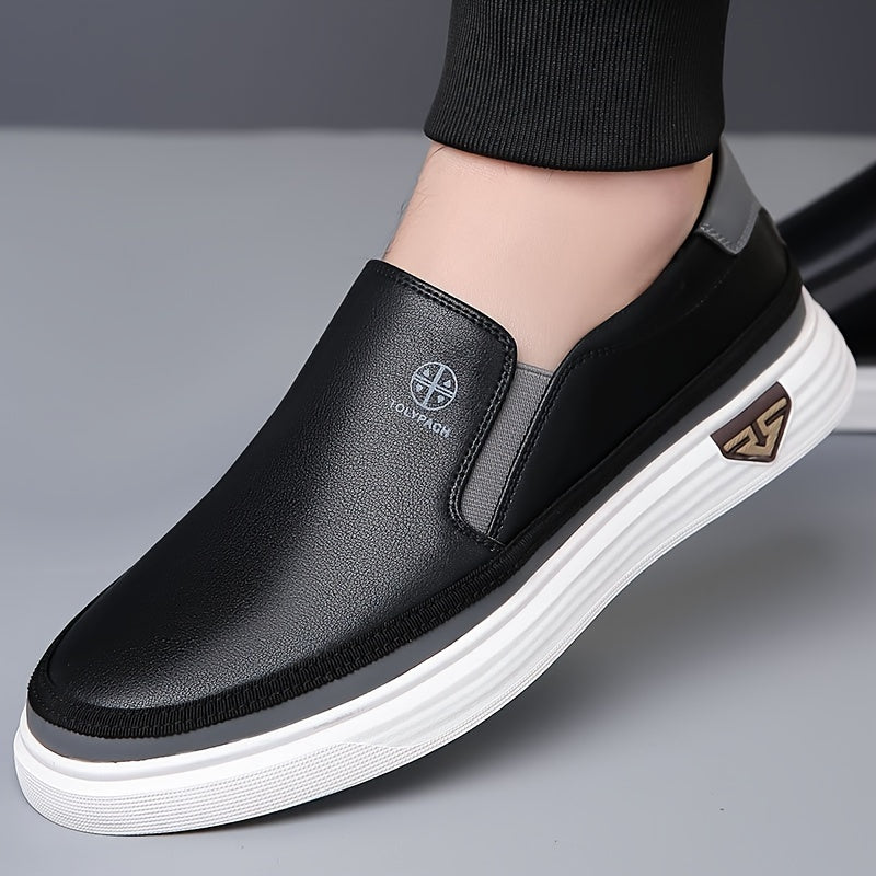Men's Stylish Slip-On Loafers - Soft Upper, Non-Slip Rubber Sole, White with Brown & Golden Accents, Comfortable for Everyday Casual Wear, Vacation Shoes | Decorative Stitching | Synthetic Shoes, Dressy Shoes