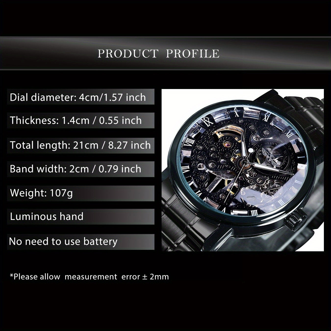1pc T-WINNER Men'S Luxury Skeleton Automatic Mechanical Watch with Luminous Hands, Black Stainless Steel Strap & Roman Numerals - 3ATM High Quality, Business Casual Style, Includes Gift Box, Business Casual Watch | Skeleton W