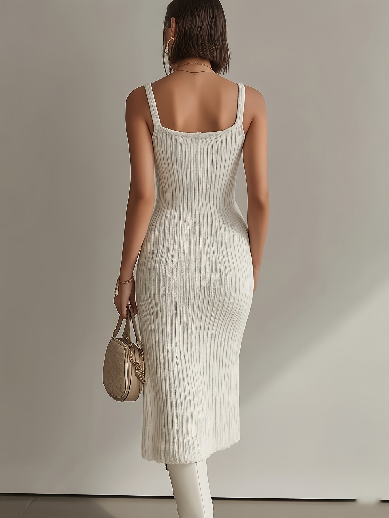 Elegant V-Neck Spaghetti Strap Midi Dress with Slit for Women