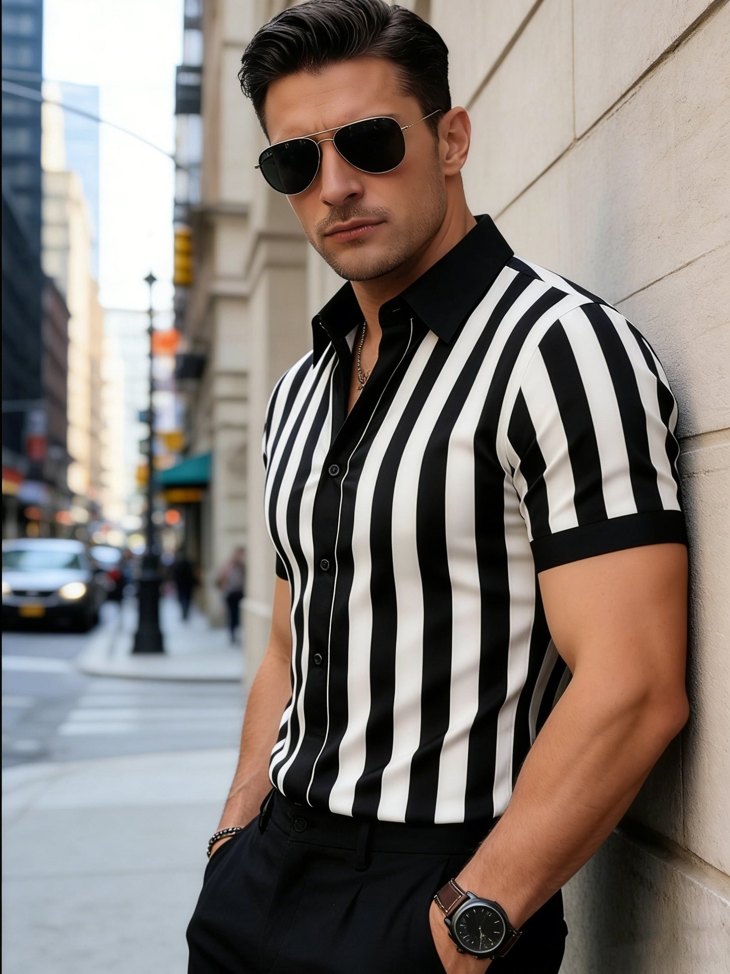 Men's Casual Striped Short-Sleeve Polyester Shirt