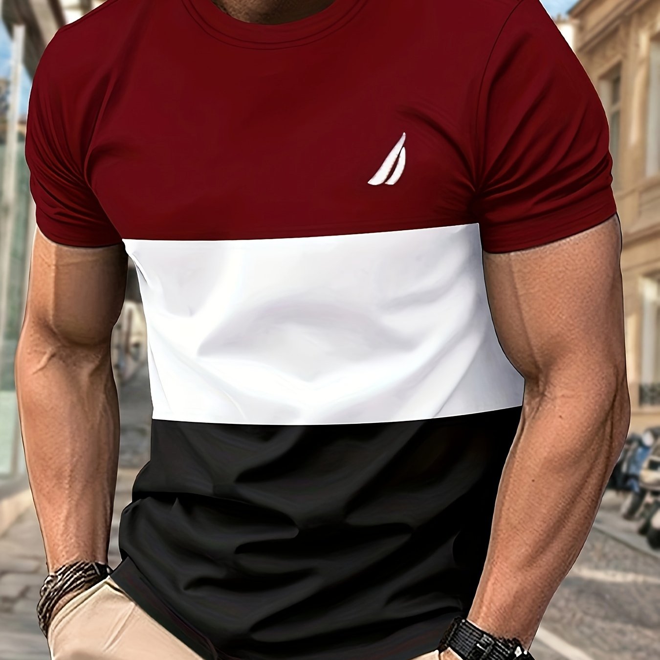Men's Round Neck T-Shirt, Three-Color Patchwork Top with Asymmetric Double Stripes, Trendy Comfortable Breathable High-Quality Factory-Made Casual Fit