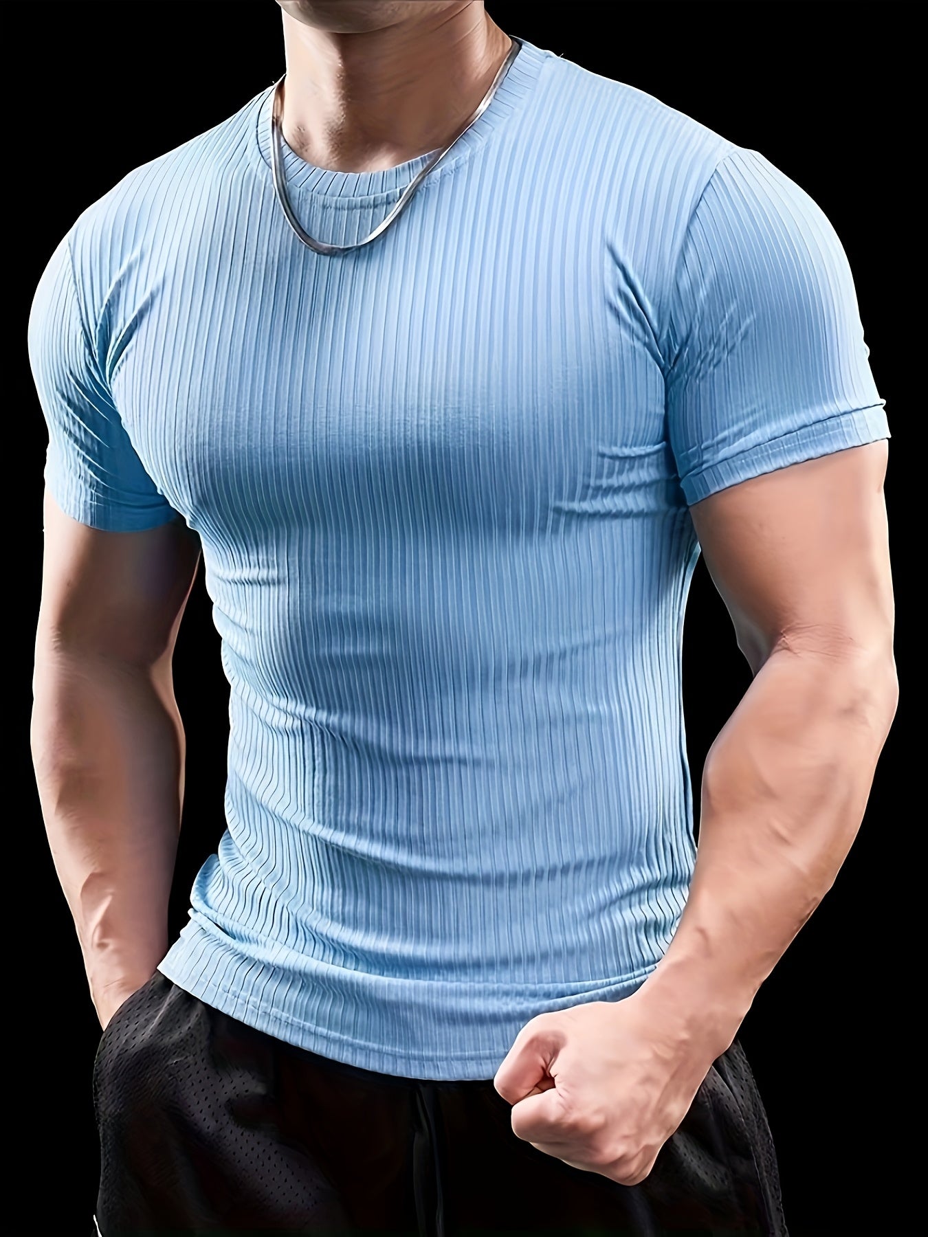 Men's Stretch Fit Short Sleeve T-Shirt - Breathable, Comfortable Polyester Blend, Solid Blue, Crew Neck, Casual Sporty Style for Spring/Summer