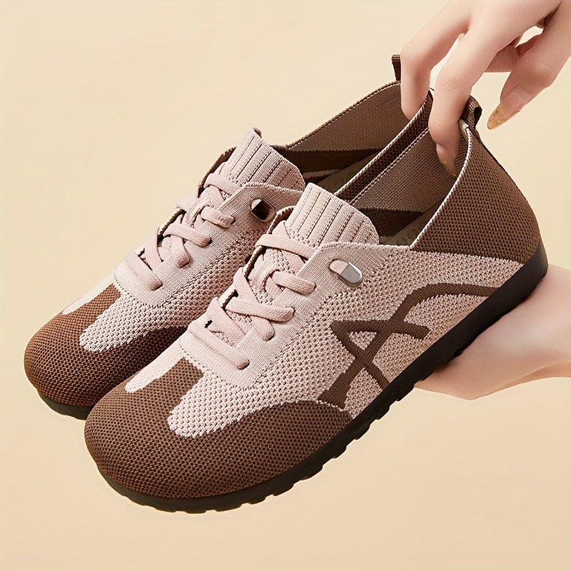 Women's Lightweight Breathable Slip-On Sneakers - Casual Low-Top Shoes with Knit Fabric Upper Durable PVC Sole, Comfortable for Indoor Outdoor Spring Wear, Brown Black, Ladies Sneakers