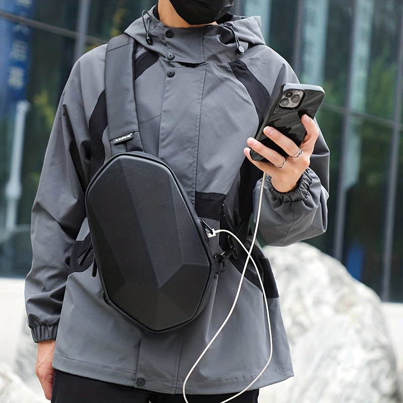 JUMAHE Men's USB Charging Crossbody Bag with Dual Power Ports, Hexagonal Geometric Design Street Style Shoulder Bag - Premium Durable Fabric, Adjustable Strap Zipper Closure for Daily Commute (Black/Grey), Bags for Travel,