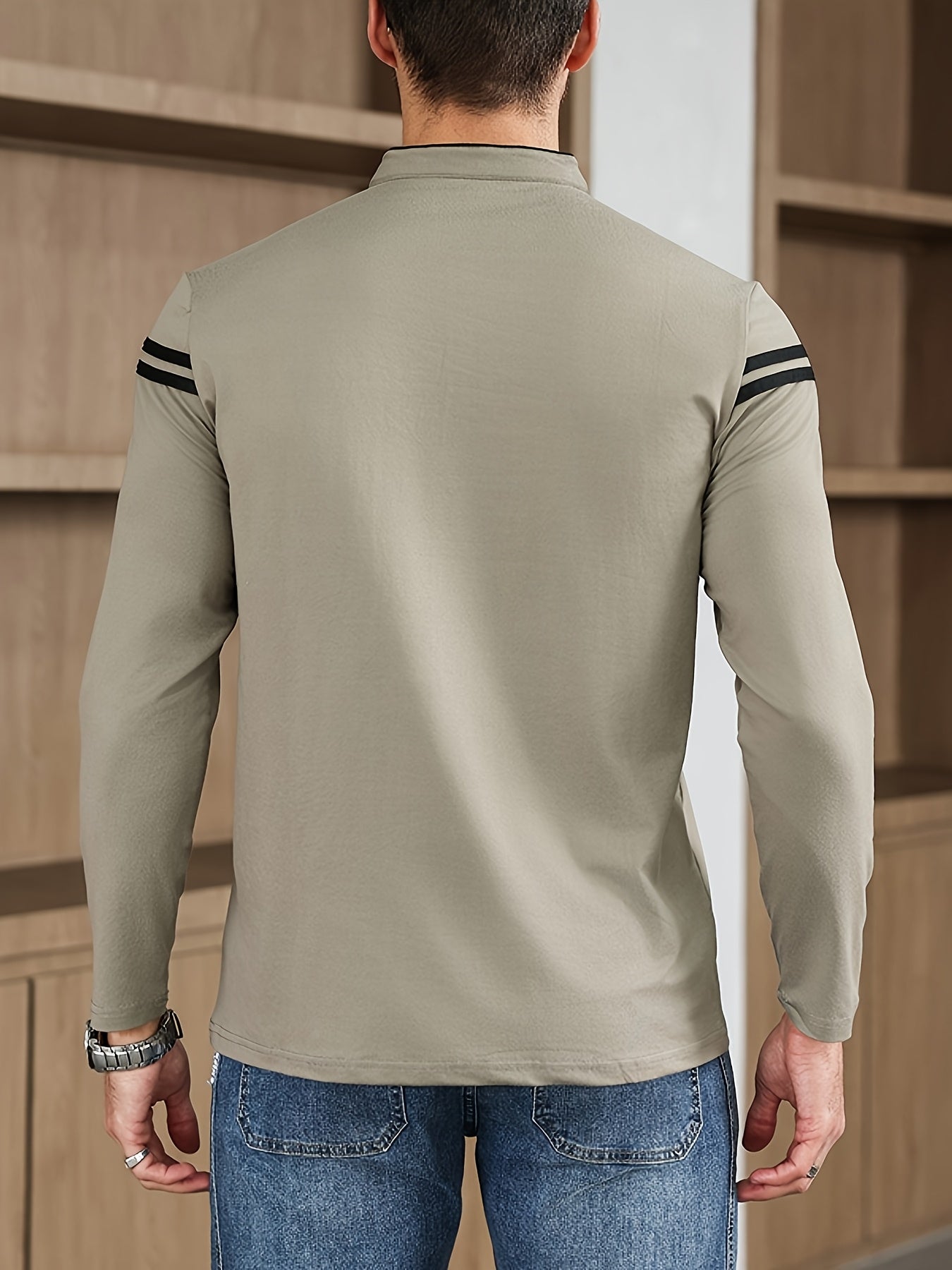 Men'S Casual Long Sleeve T-Shirt - Solid Color with Stand Collar Stripe Polo, Button-Up Front, Ideal for Outdoor Activities