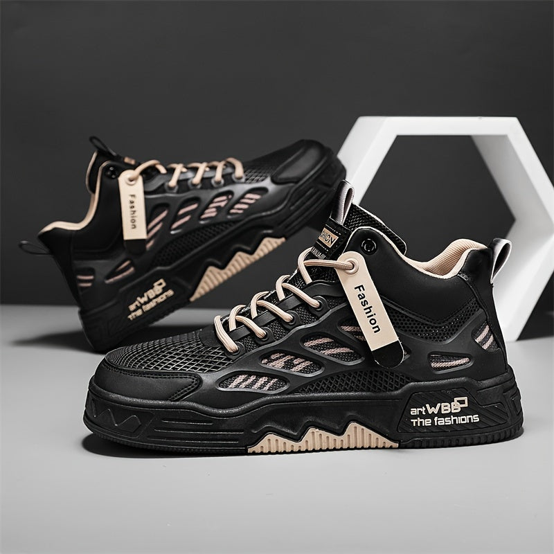 Men's High Top Fashion Sneakers Graphic Print Lace-Up Casual Skateboard Shoes with Round Toe, PU Mesh Upper, Fabric Lining, and Rubber Sole