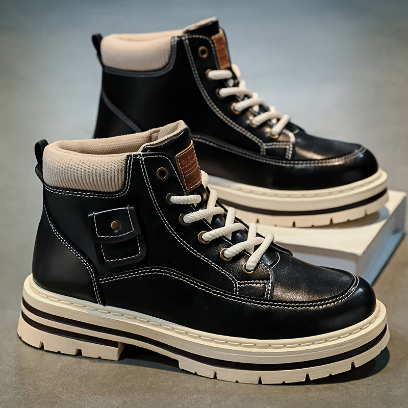 Men'S Retro British Style Mid-Top Work Boots - Black Faux Cover with White Laces, Durable PVC Sole, Comfortable Fabric Lining for Casual & Streetwear, Spring/Fall Footwear, Streetwear Footwear | Retro Style Boots | Durable PV