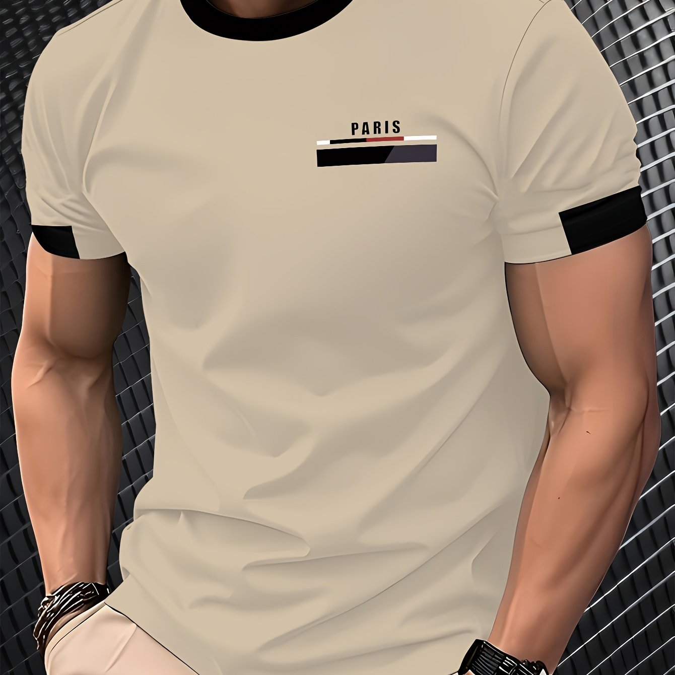 Men'S Paris Graphic T-Shirt - Green Polyester Crew Neck Tee with White Stripes Print - Casual Sporty Knit Top for Casual Attire, Breathable Fabric