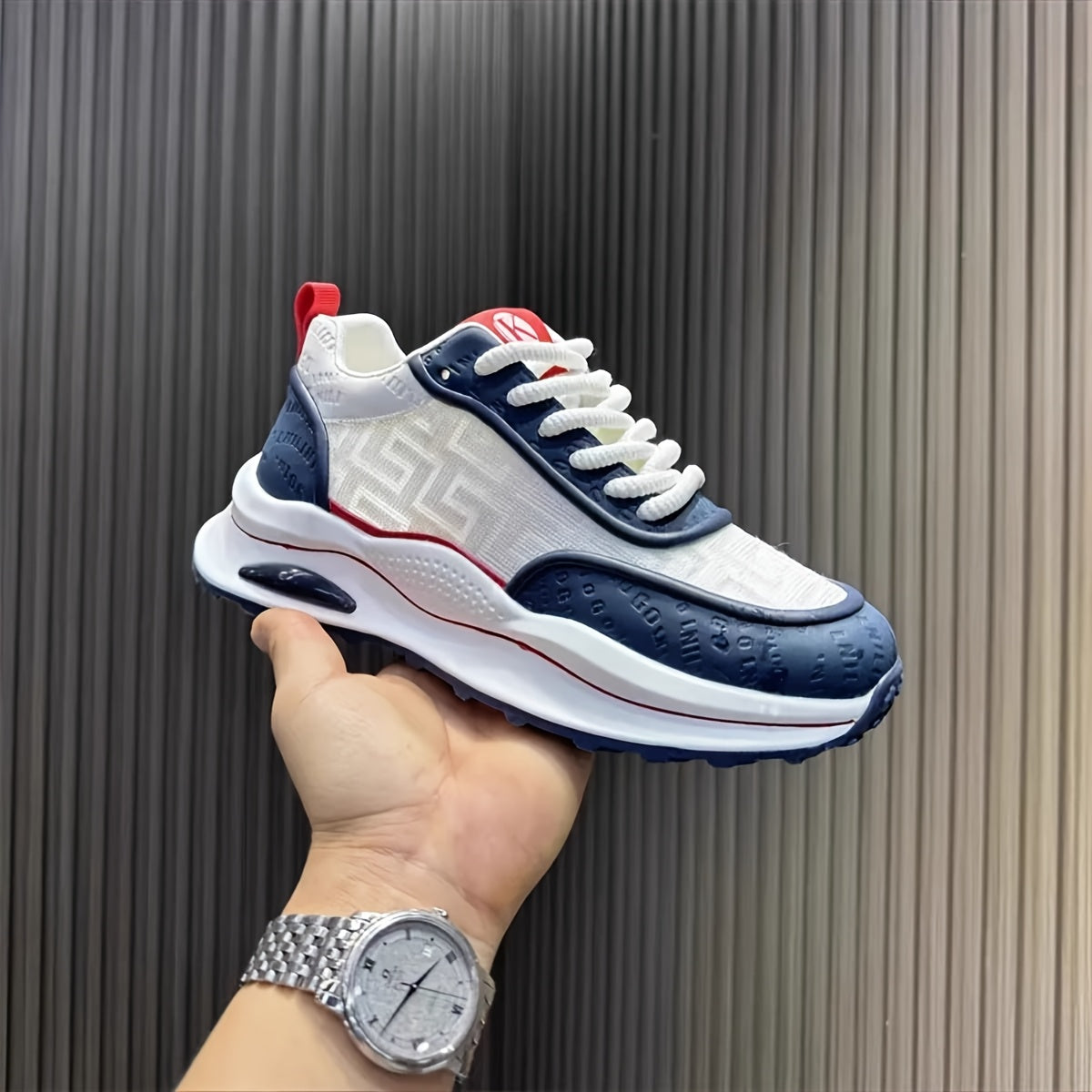 Men's Lightweight Breathable Low-Top Sneakers - PU Upper PVC Sole, White/Navy/Red Accents, Lace-Up Round Toe for Casual, Outdoor, Running Gym - All-Season Comfort Shoes, Casual Footwear, Geometric Pattern, Comfortable Fit