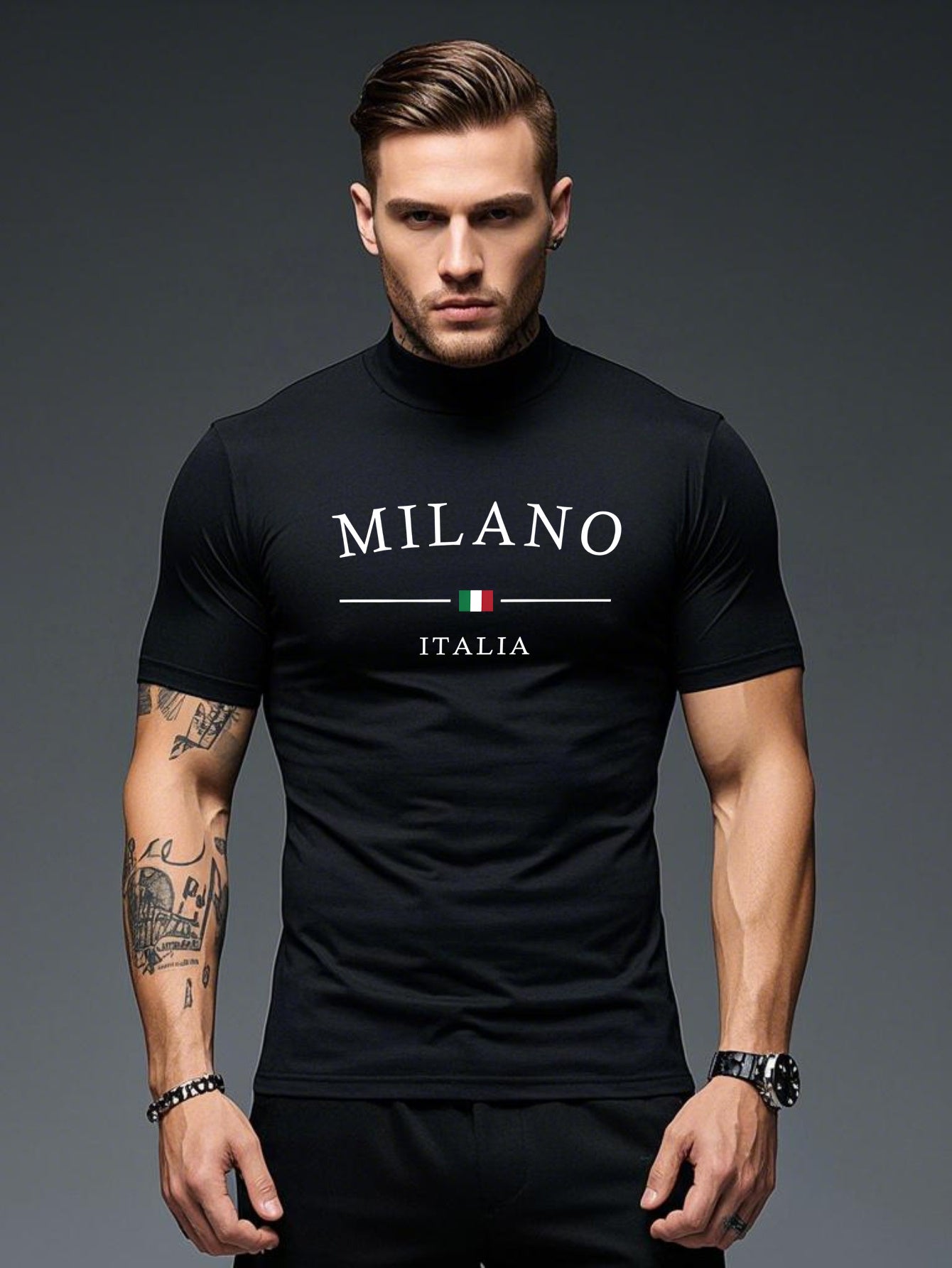 Men'S Milano Italia Print Casual T-Shirt - Half Neck, Short Sleeve, Lightweight Fabric, Spring/Summer Collection, Black with White Logo, Soft Comfortable Fit for Casual Attir