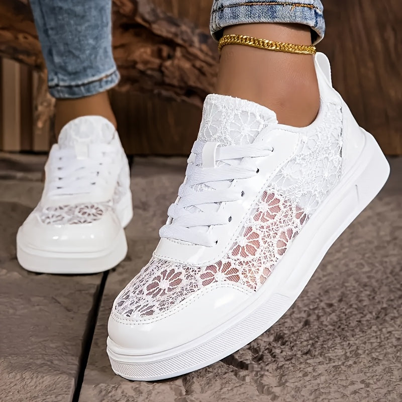 Women'S Elegant Lace Sneakers - Breathable Fabric Upper, White with Floral Pattern, Lightweight Soft Sole, Durable EVA, Perfect for Daily Work, Sports, Summer Outings Vacations, Casual Footwear Elegant Sneaker Comfort