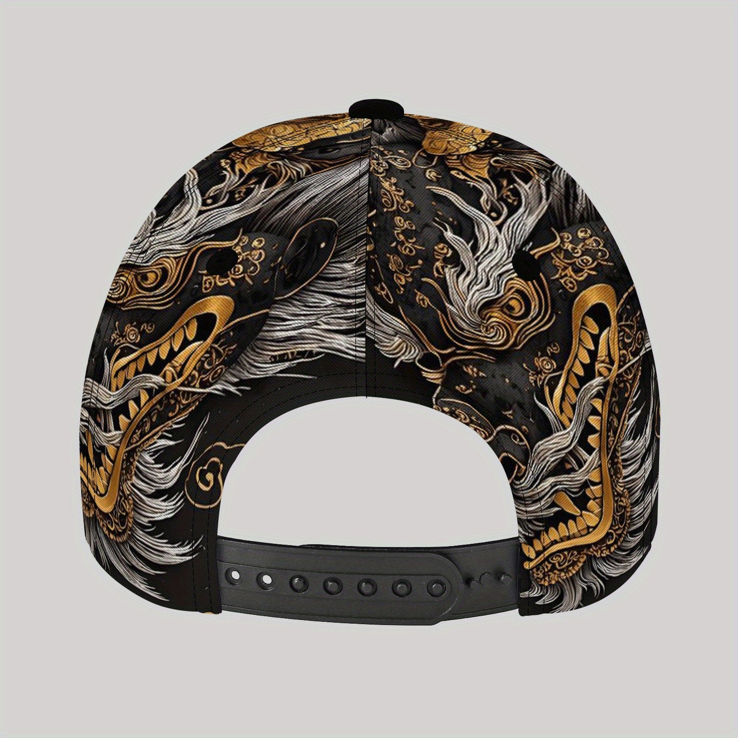 Stylish Dragon & Floral Print Baseball Cap - Breathable Lightweight Unisex Hat for Outdoor Sports, Casual Wear & Lunar New Year Festivities, Black with Golden/White Accents, Festive Headwear, Vibrant Patterned Cap, Comfortabl